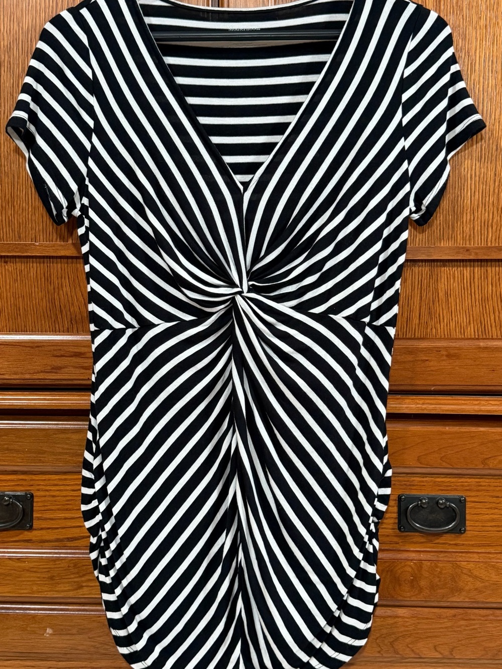 Motherhood Maternity Striped Twist V-Neck Ruched Knot Top Grow With Me Bump Room